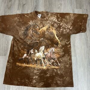 Vintage 90s Horse Graphic T-shirt Brown Tie Dye Golden 100% Cotton XL